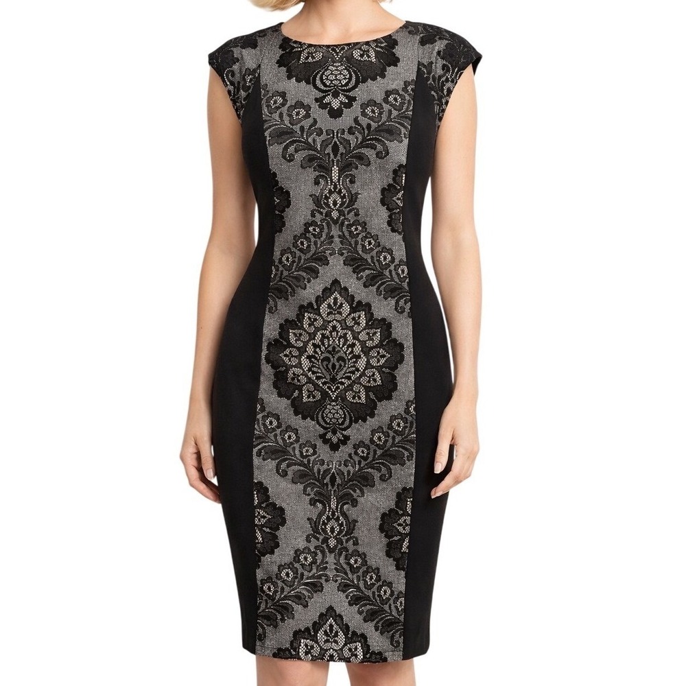 Donna Morgan Women Black Damask Lace Sheath Dress Four Slimming Panel Sleeveless